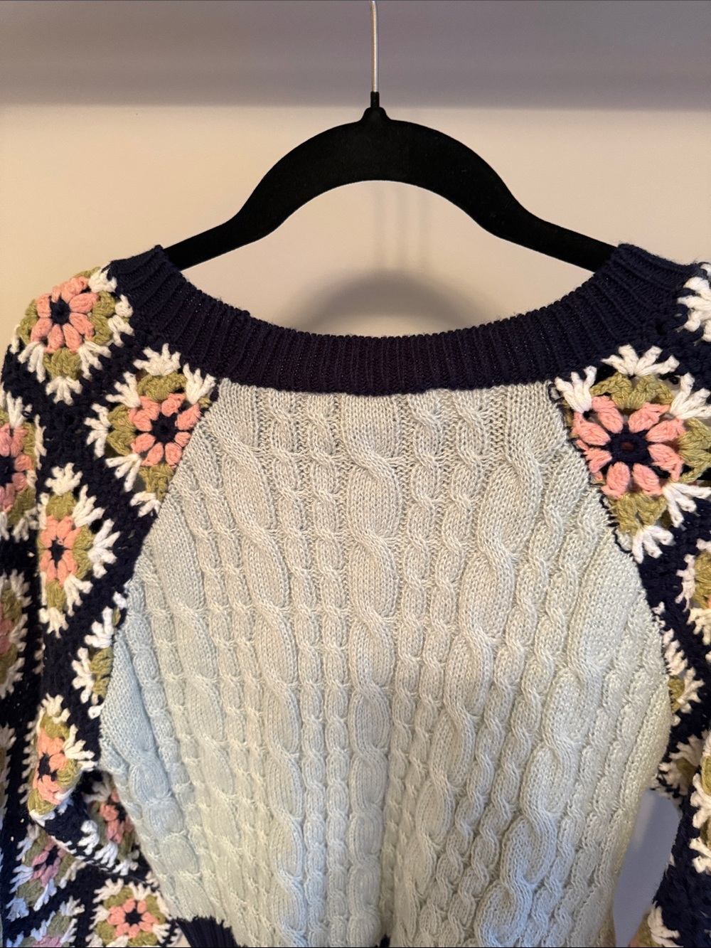 DAVI & DANI Navy and Light Blue Crochet Floral Sleeve Cable Knit Sweater - Picture 11 of 16